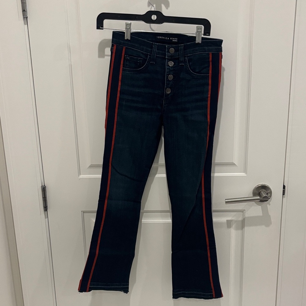 Veronica Beard Dark Blue Flare Jeans with Red Accents